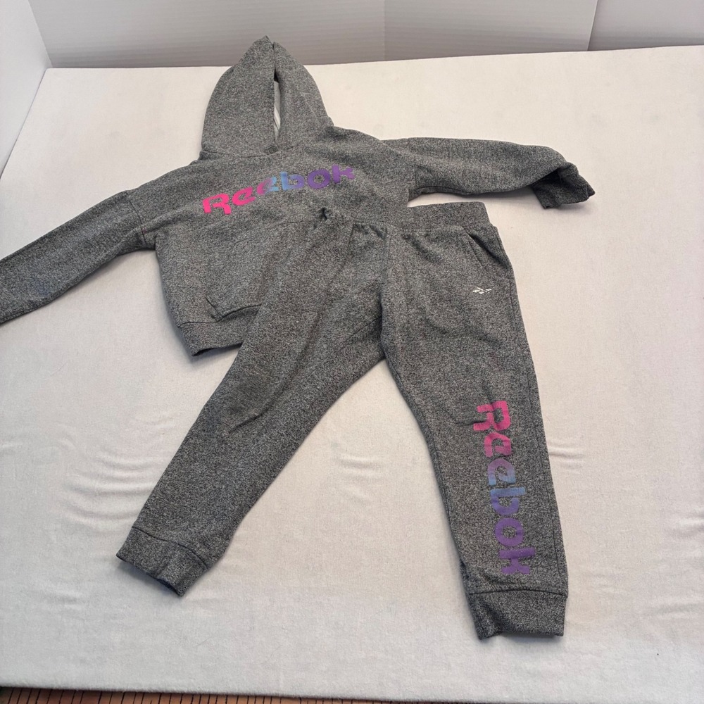Reebok Kids Heather Gray Fleece Hoodie and Jogger Set Size 5 Pink Blue Logo